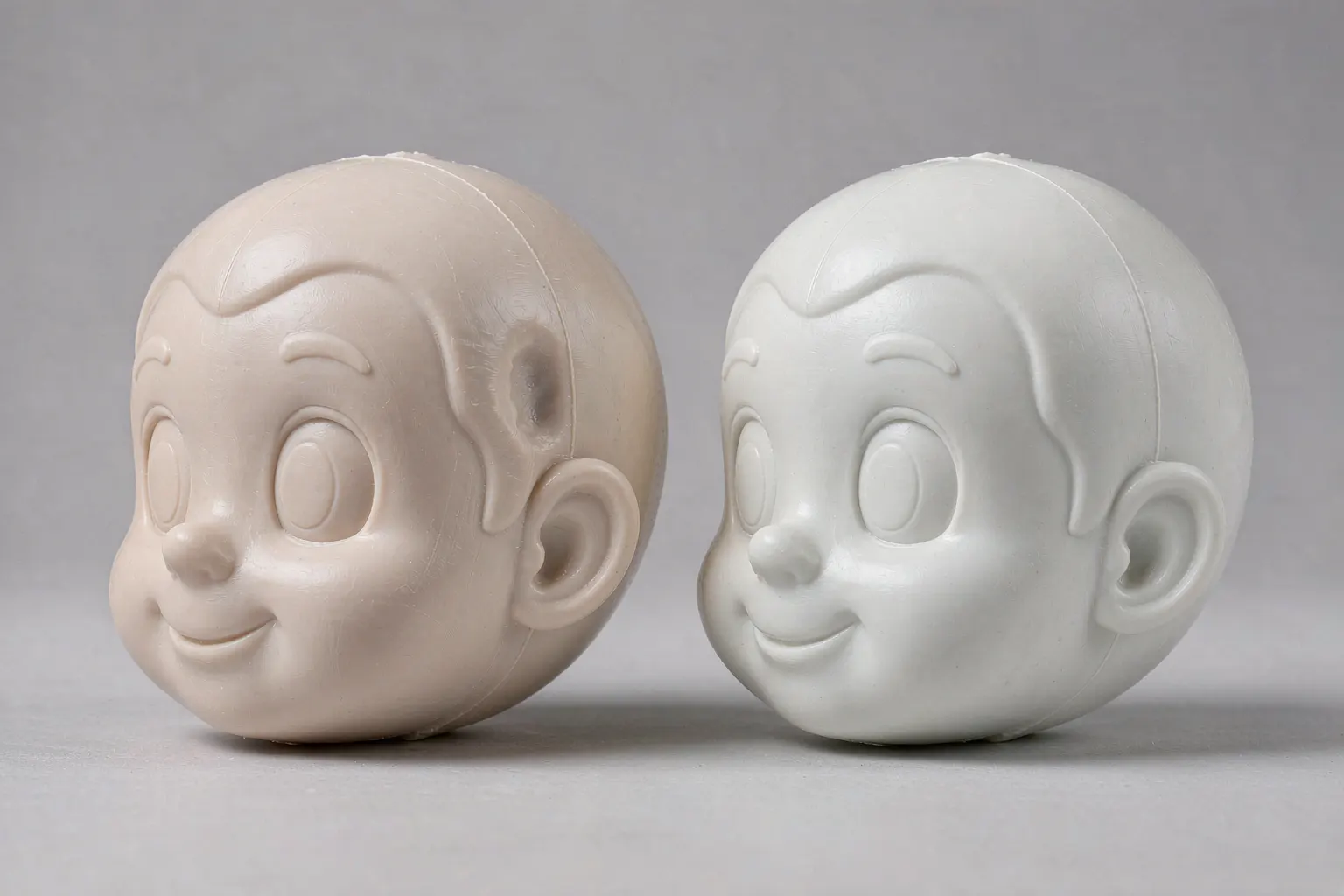 潮玩手办注塑件缩痕瑕疵对比:左侧为缩痕明显的不良品,右侧为调整工艺参数后的合格品